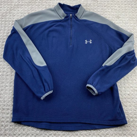 Under ARMOUR UA Fleece Sweater Men Small S Navy Blue Gray 1/4 Zip Pull Over Logo - Picture 1 of 11